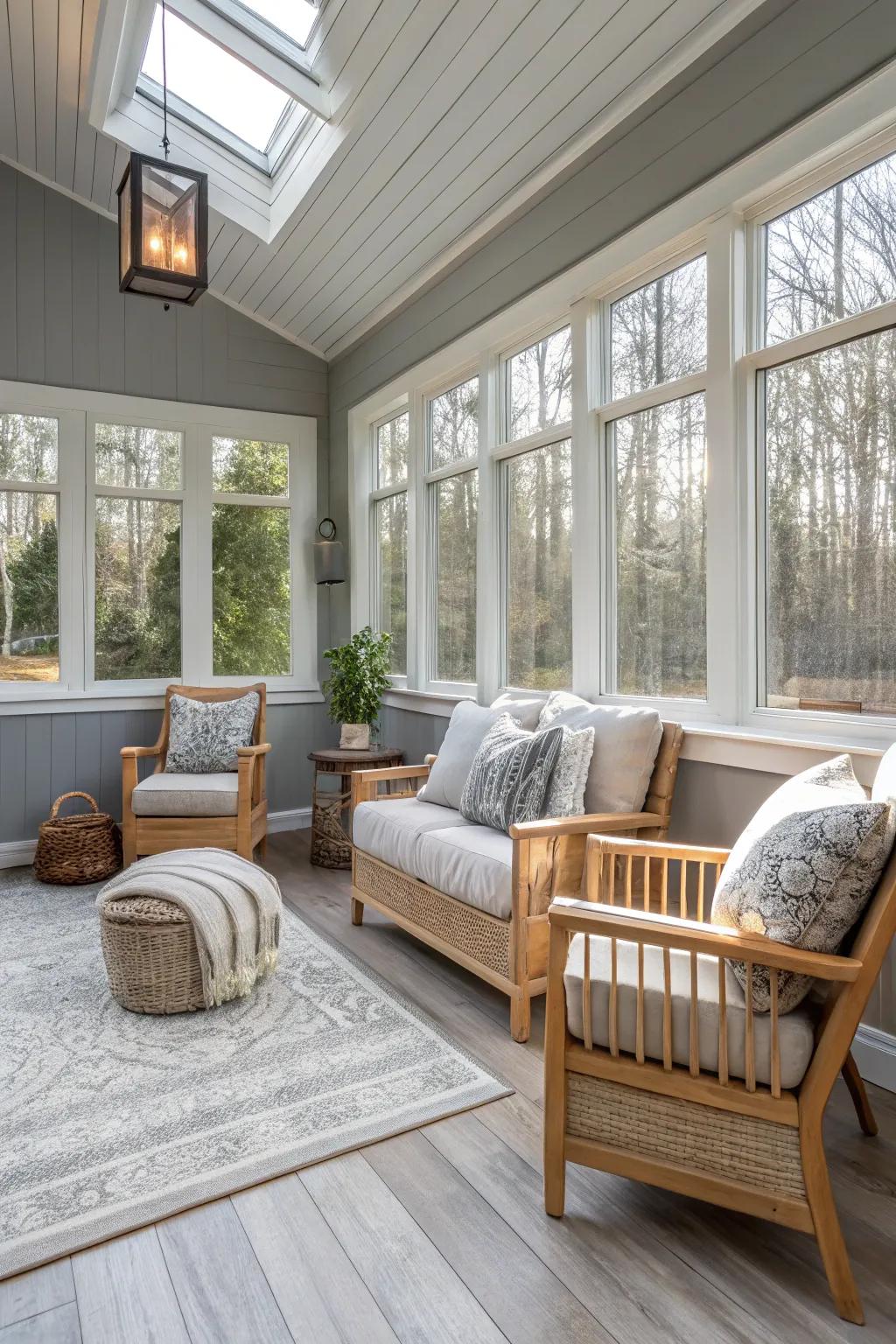 Misty gray walls in a sunroom presenting a refined and adaptable aesthetic palette.