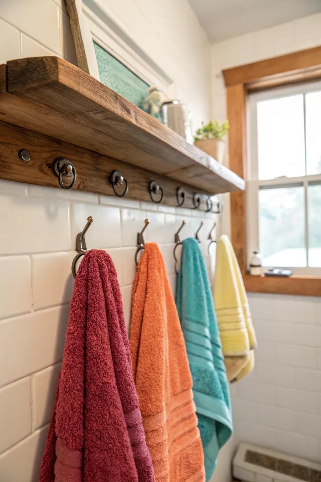 Maximize area with a wall-mounted shelf and hangers, perfect for a neat and easy-to-access towel arrangement.