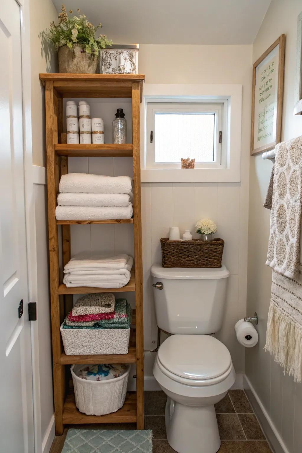 Storage over the toilet uses space that is often wasted in a small bathroom.
