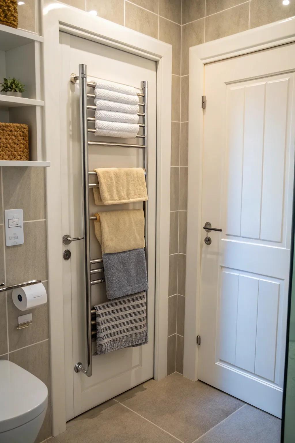 Maximize the potential of your bathroom door by utilizing an over-the-door towel rack.