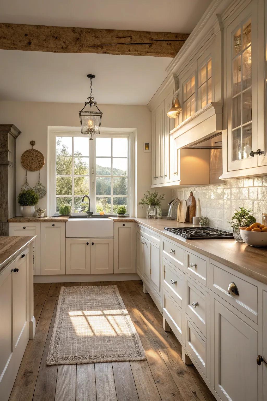 The whites and neutral tones craft a tranquil and lasting atmosphere within the kitchen.