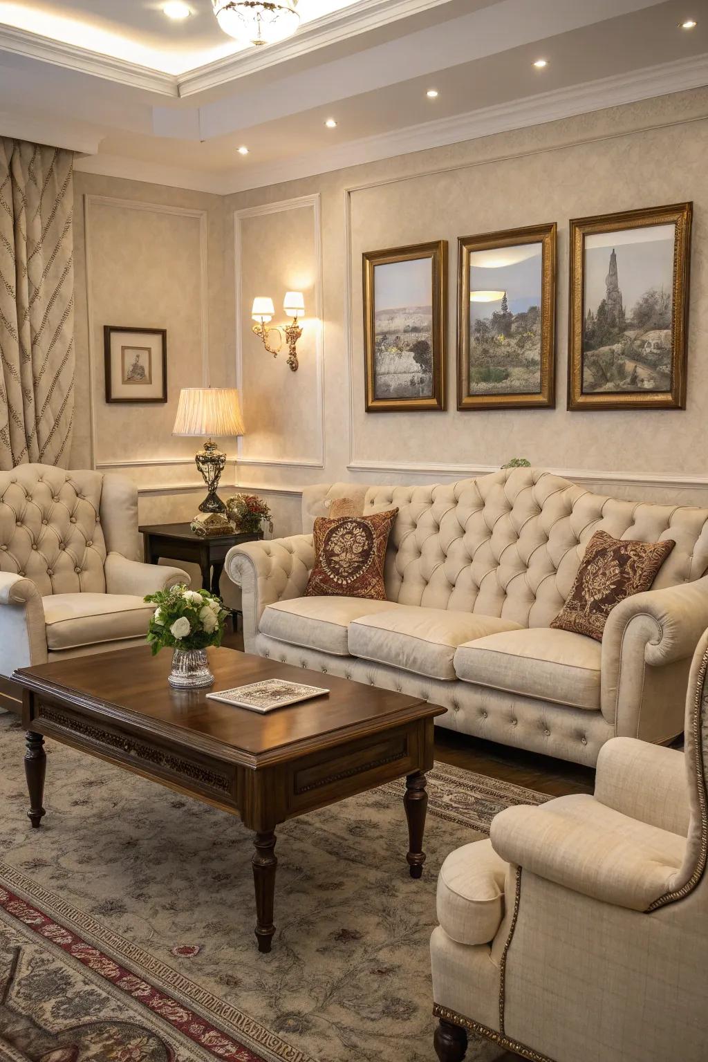 Timeless furnishing designs heighten the elegance of a traditional relaxation space.
