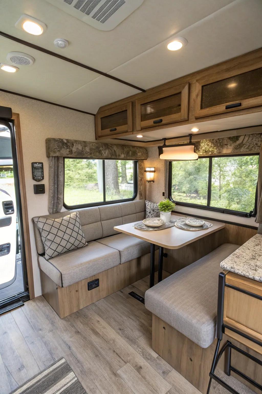 A camper with a transforming sofa and versatile dining zone, optimizing space and practicality.