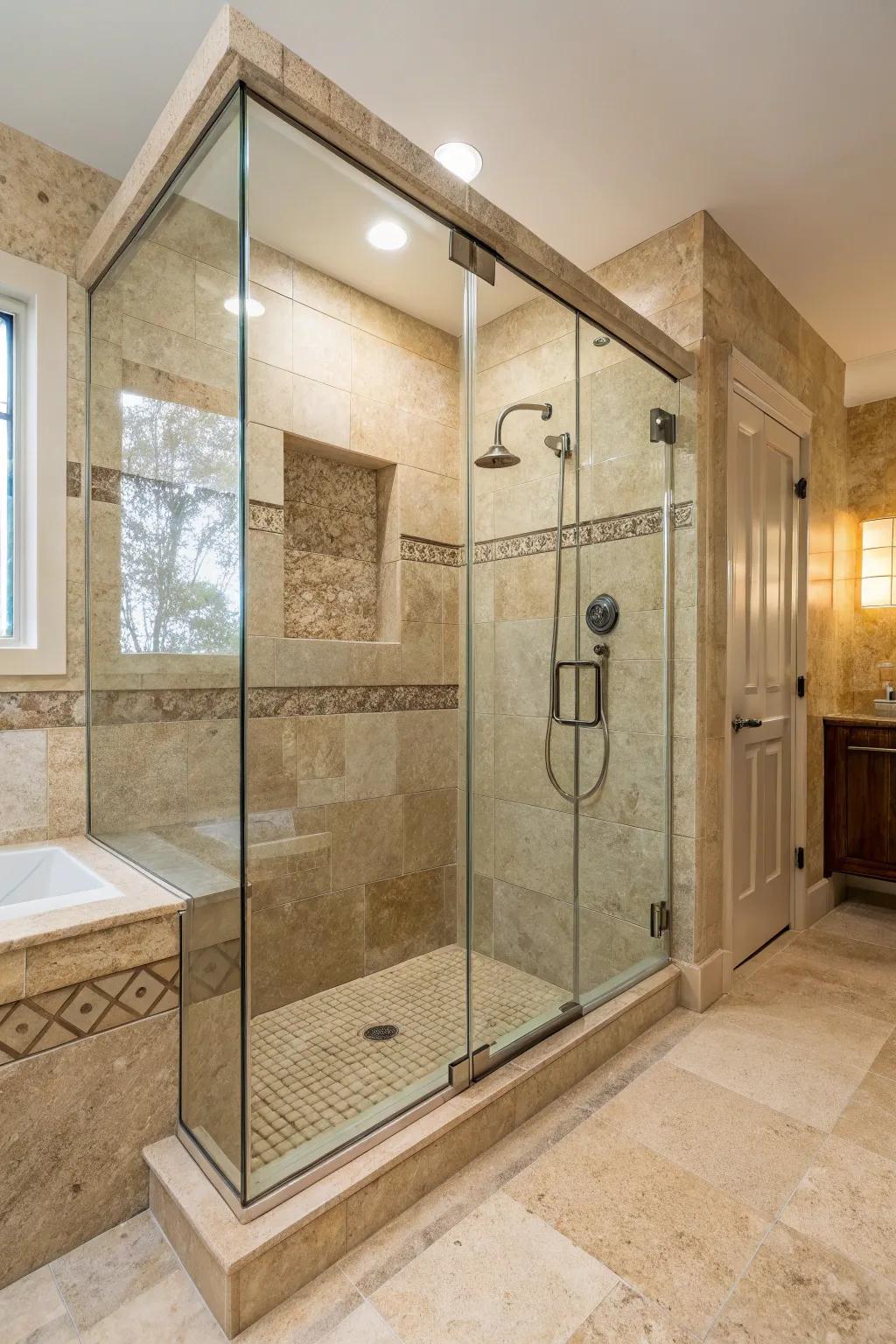 A spa-like open shower featuring travertine walls and a clear glass enclosure.