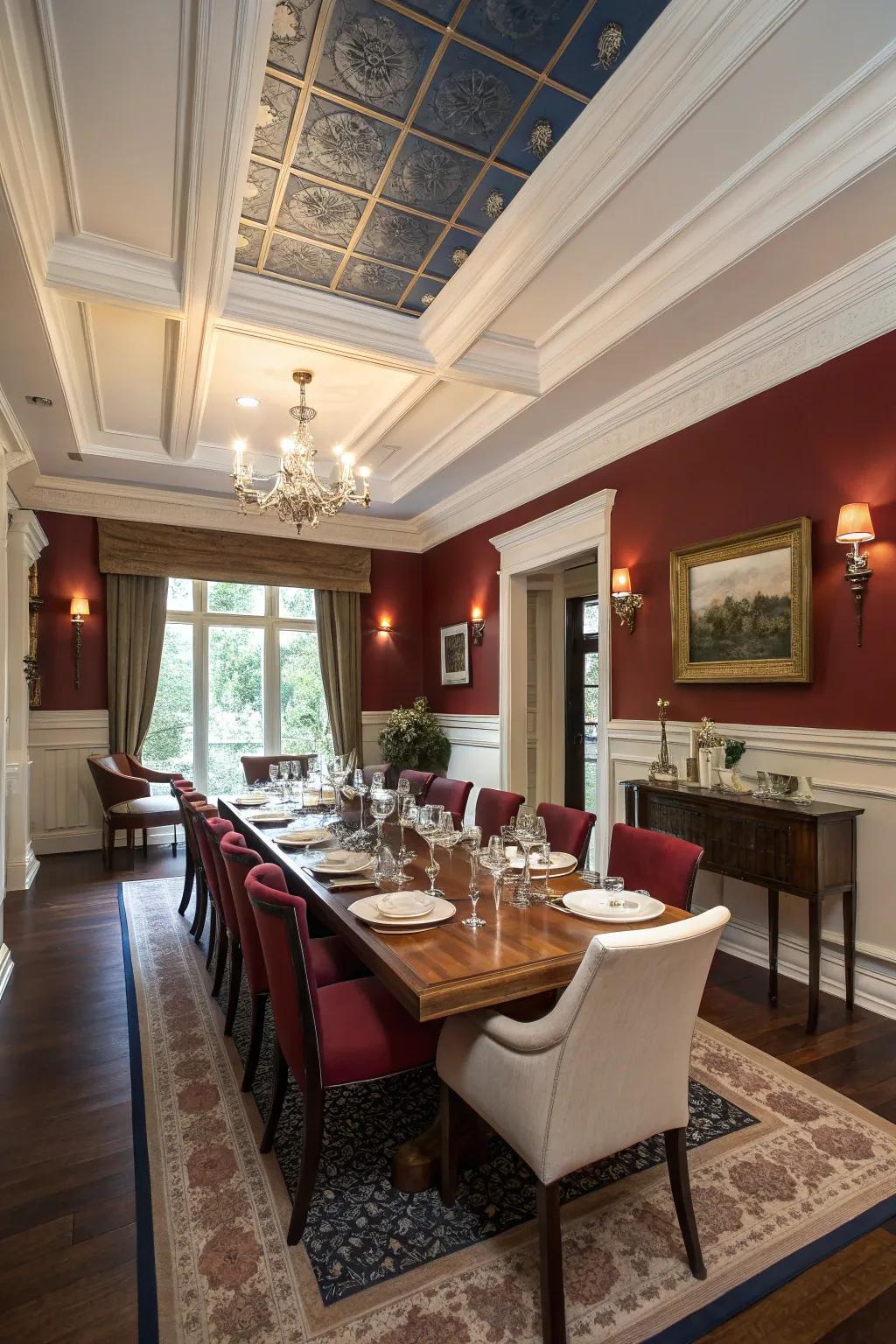 A sophisticated dining area boasting a tray ceiling complemented by harmonizing paint selections.