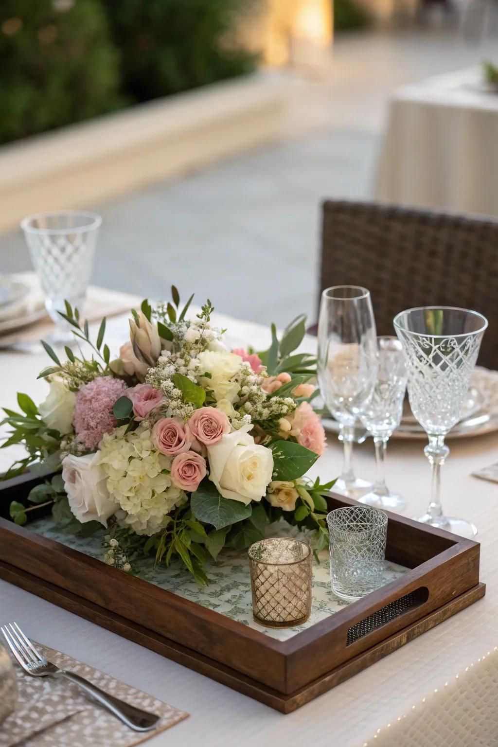 A sophisticated dining table highlighted by an elegant tray arrangement.