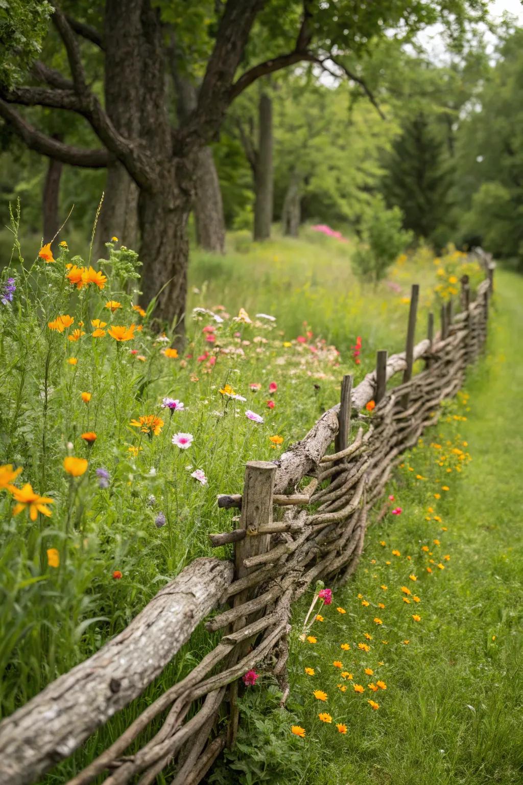 An adorable woven fence adding a touch of countryside charm.