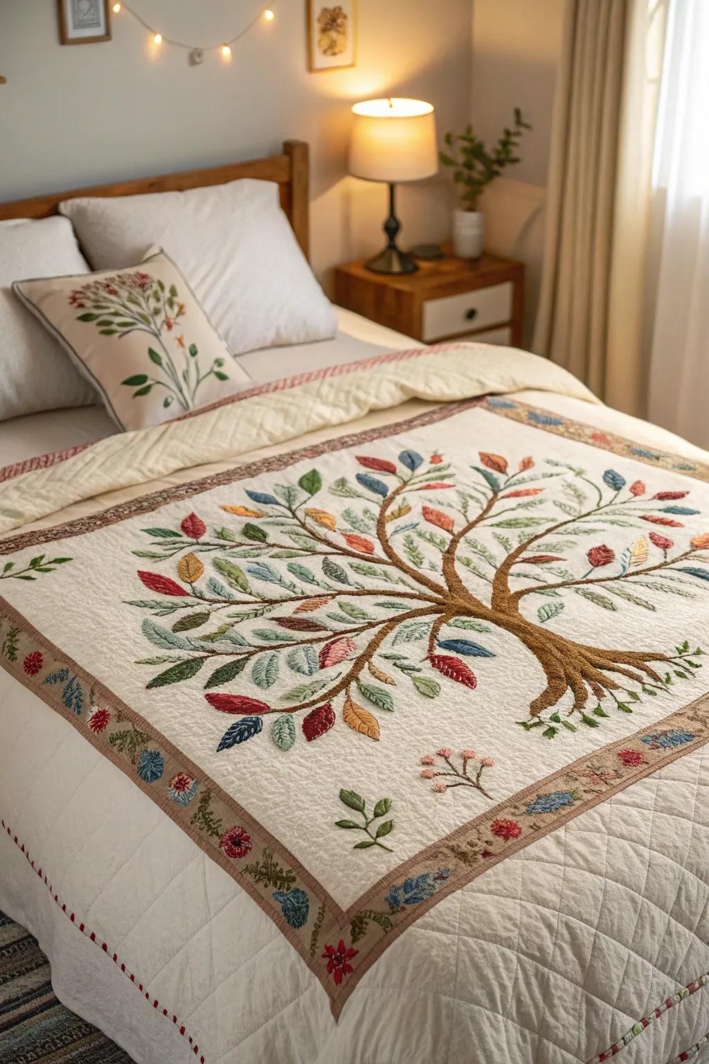 A stitched Arbor Vitae blanket brings warmth to a comfortable bed.