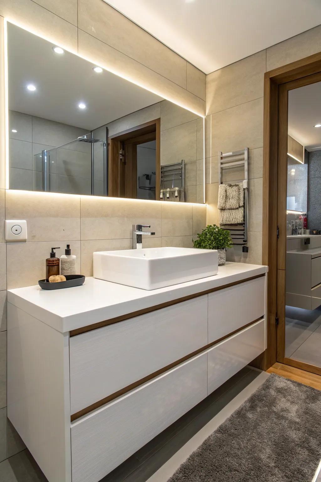 A modern bathroom featuring a seamless integrated sink and vanity for a clean look.