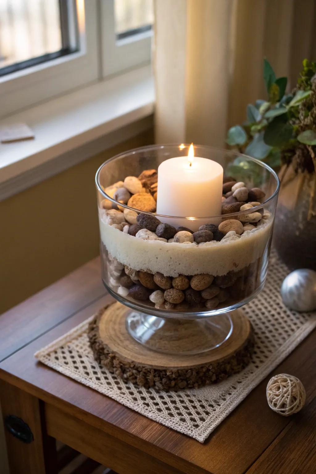 Cultivate a serene environment with a candle-filled dessert bowl.