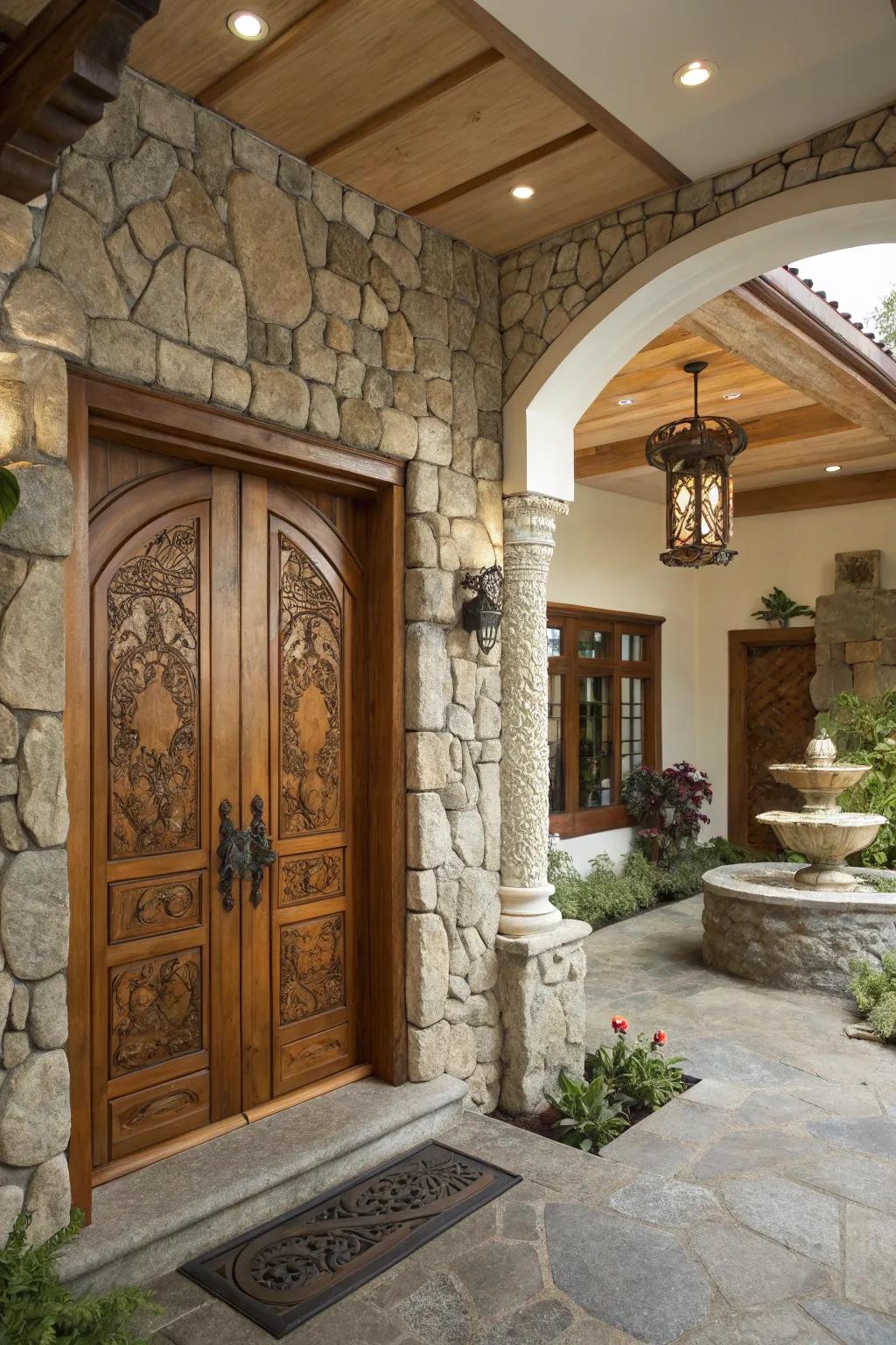 Natural mediums such as wood and stone enrich the entryway.
