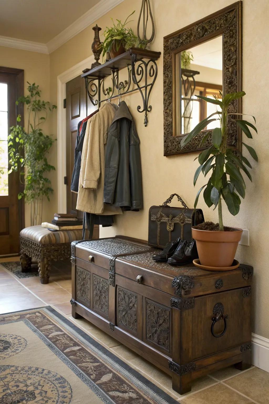 This trunk cleverly doubles as a storage seat, ideal for maintaining a tidy entryway.