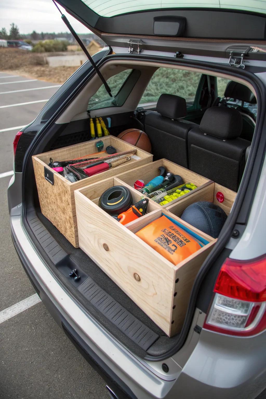 Custom plywood dividers designed to increase trunk capacity.