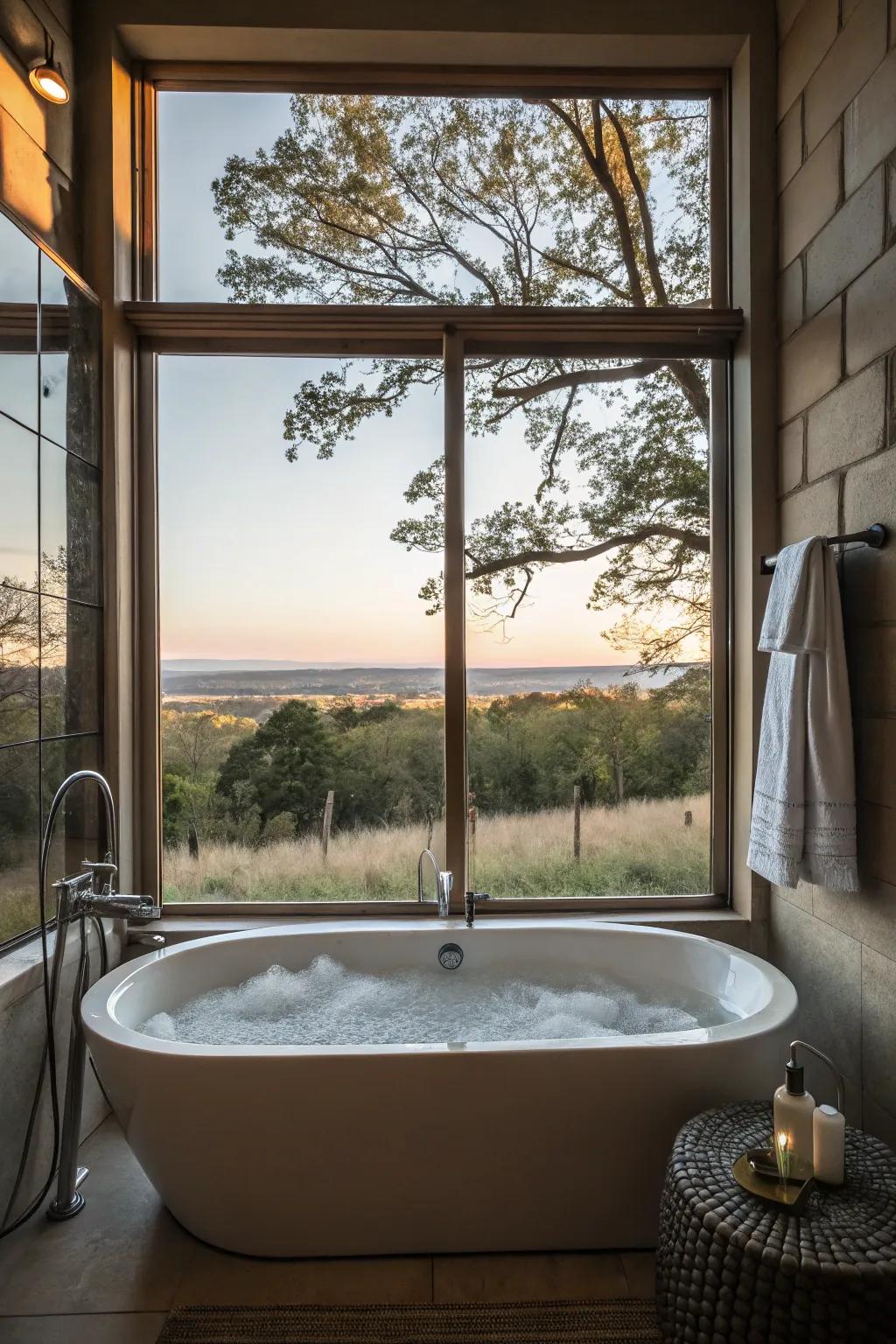 A tub featuring a view fosters a tranquil and soothing ambiance.