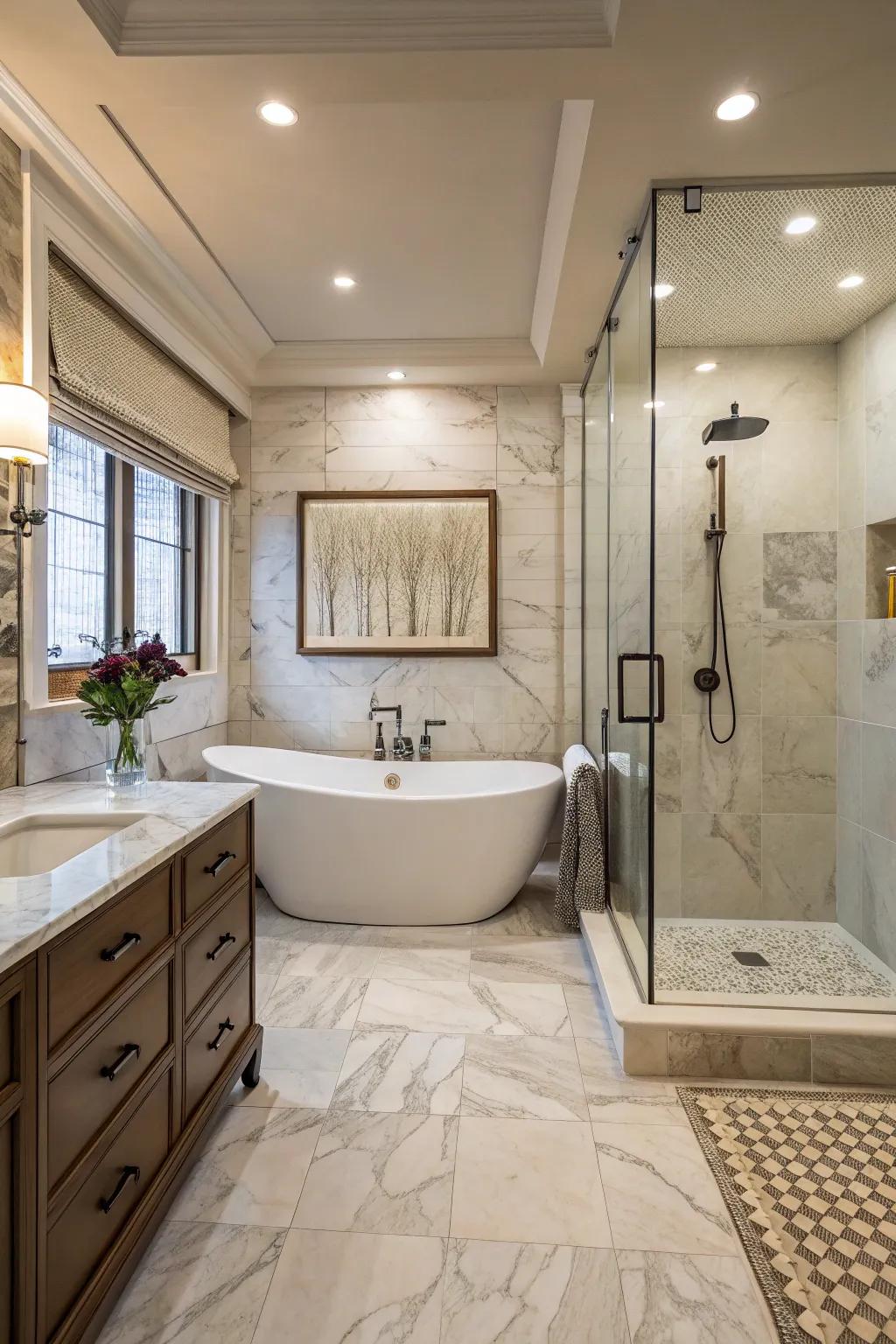 An elegant freestanding tub sits inside the shower, providing a tranquil, spa-like ambiance.
