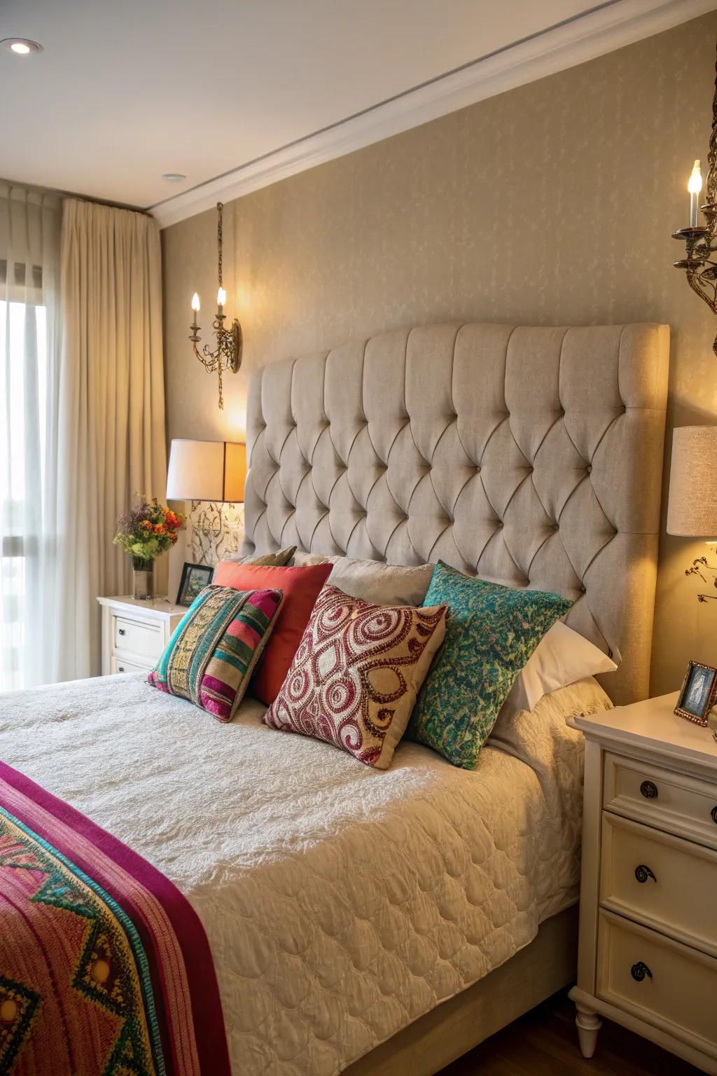 A serene bedroom showcases a neutral tufted headboard.