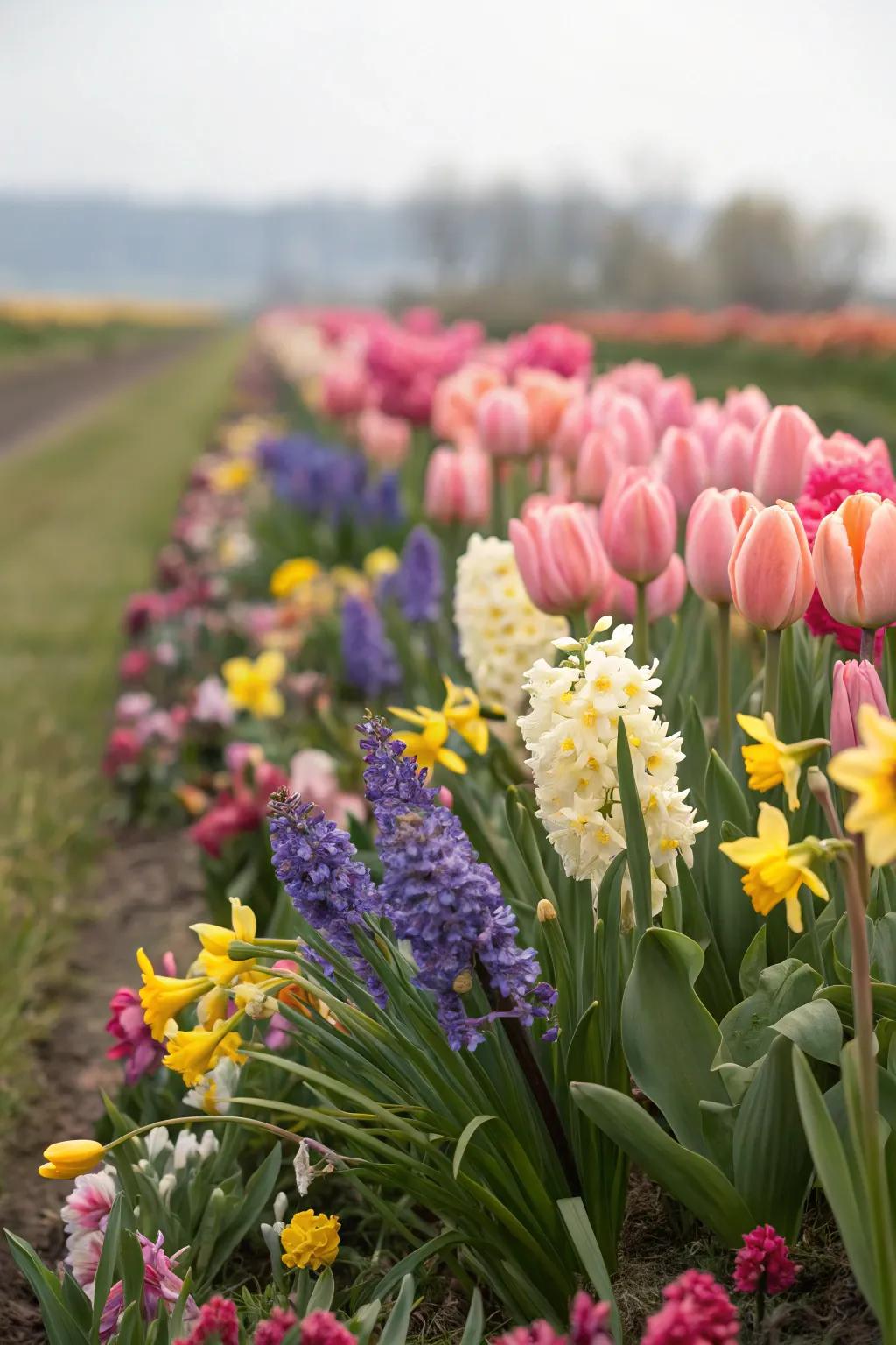 A beautiful mixed border of tulips, hyacinths, and daffodils, offering a symphony of colors and textures.