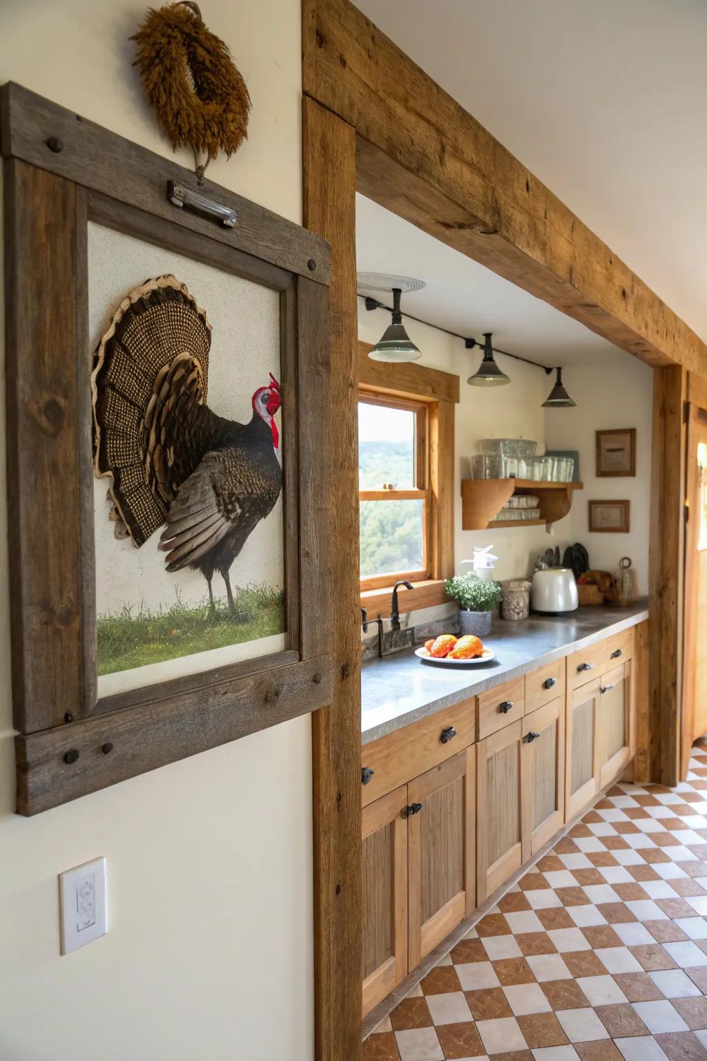 A turkey fan encased in a country-style wood casing, ideal for a farmhouse-themed setting.