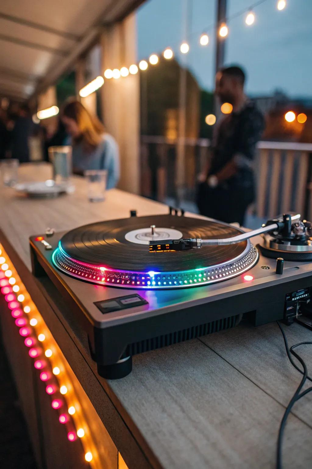 Colorful LED strip lights enhancing a record player setup.