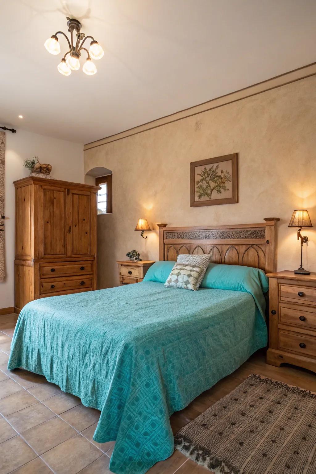 A seamless fusion of turquoise alongside gentle, neutral shades culminates in an exquisitely refined bedroom.