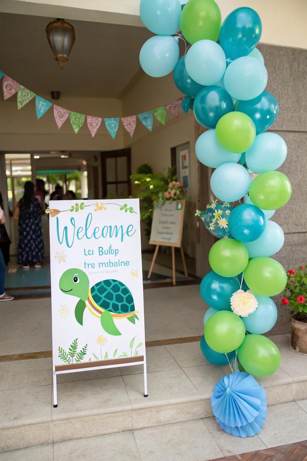 A friendly turtle-themed display to welcome your cherished guests.