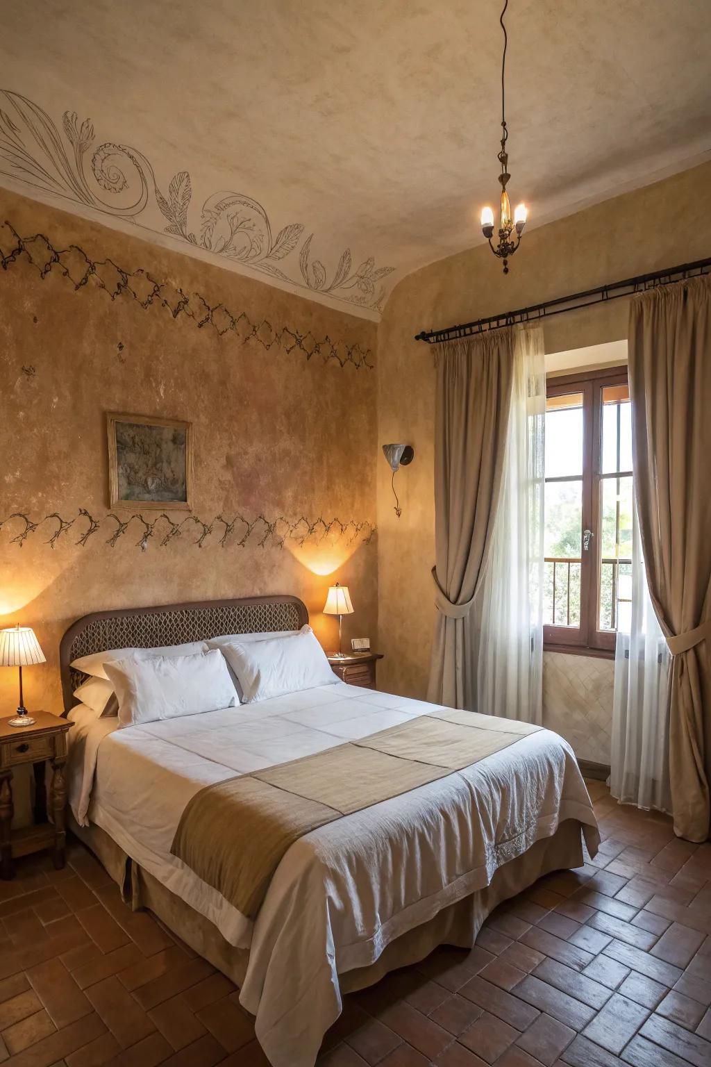 Textured walls append a countryside hint to your Tuscan-inspired space.