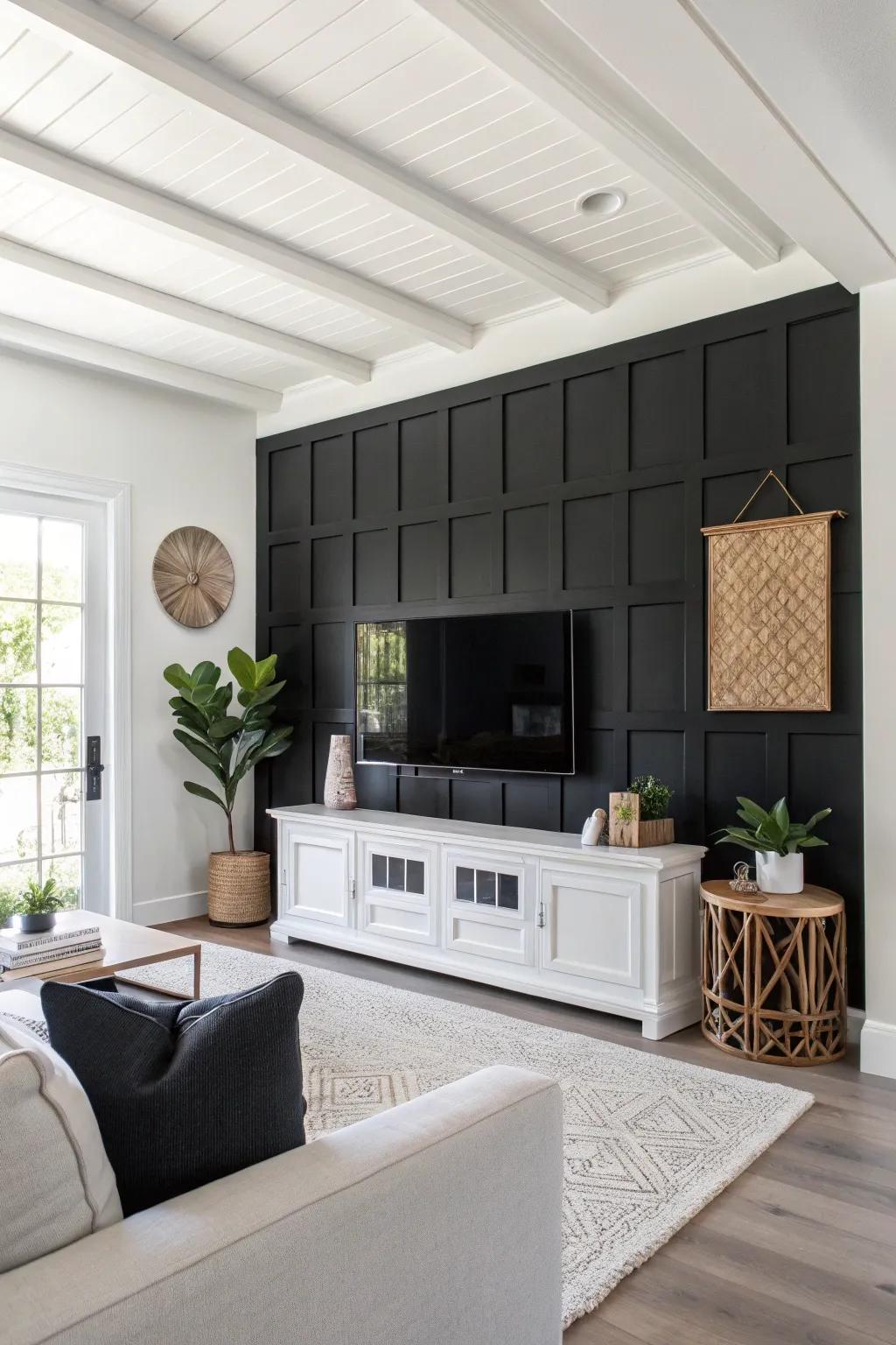 A captivating black feature wall that effortlessly merges with the TV in a contemporary living space.