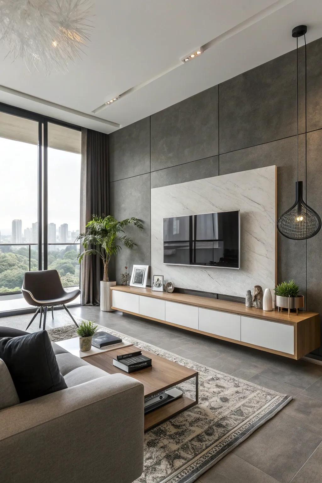 Floating TV units bring sophistication and maximize space.