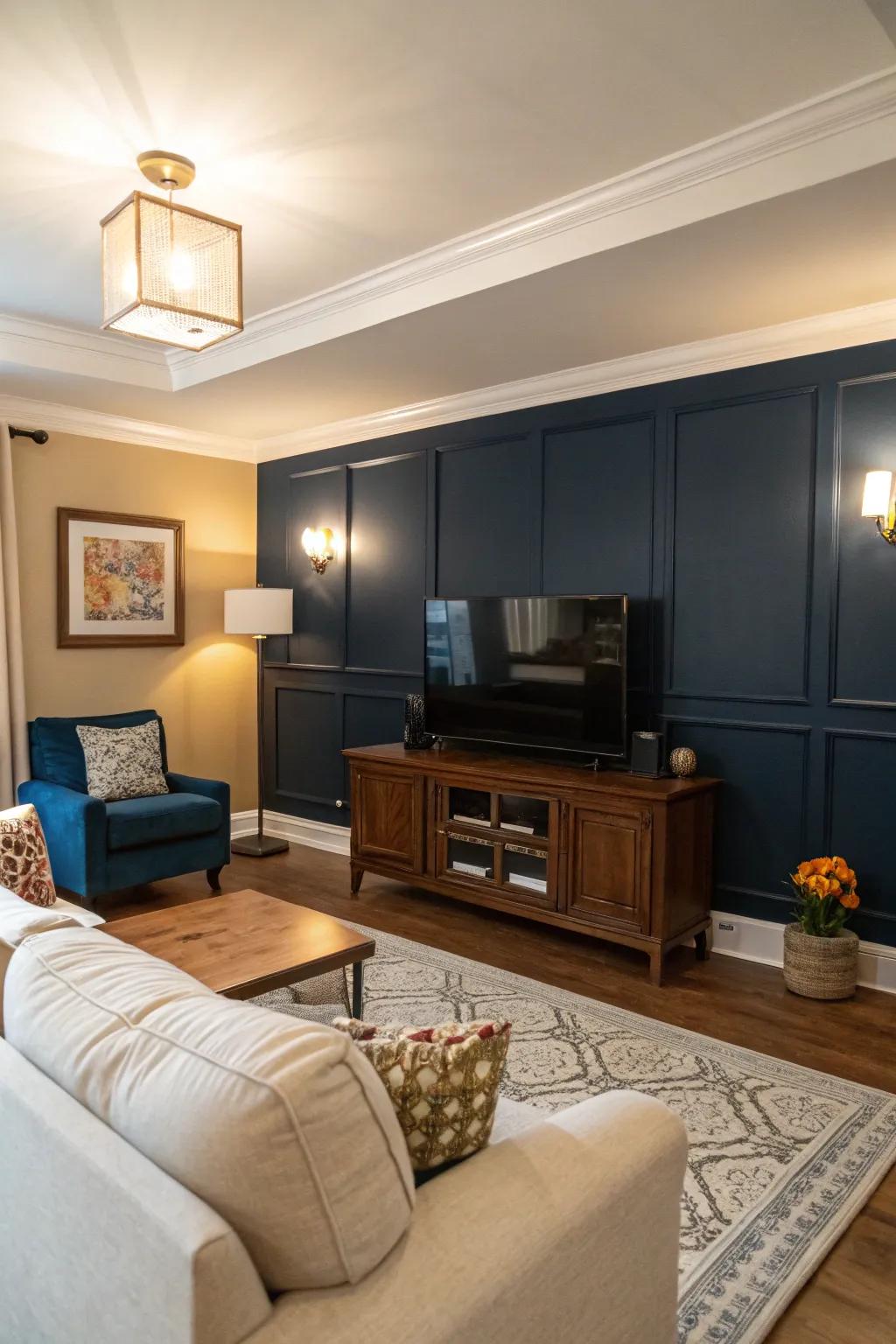 A television mounted on a daring dark blue accent wall in a contemporary living space.