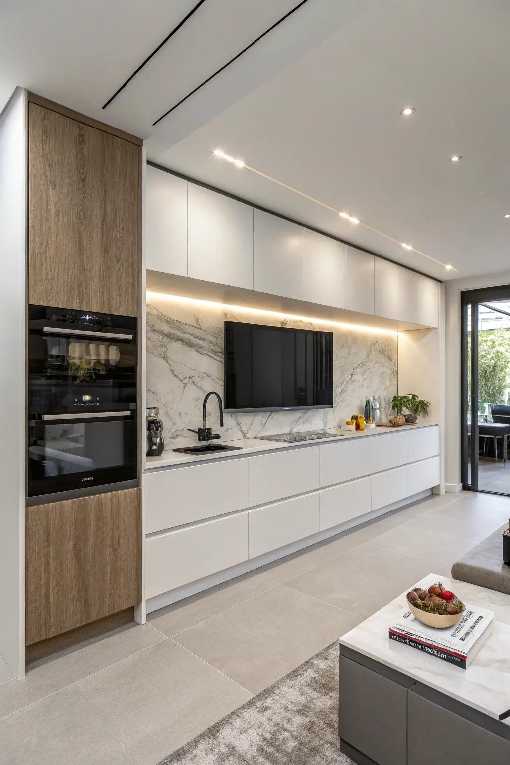 A cooking area with a panel display subtly incorporated into the cabinetry, preserving a polished look.
