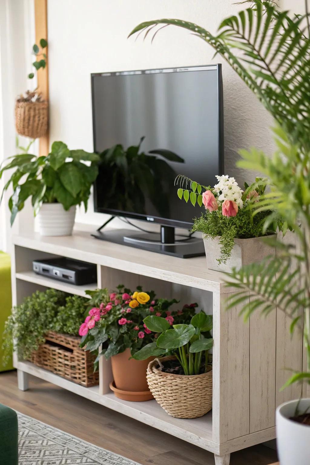 TV stand décor with a vibrant burst of greenery.