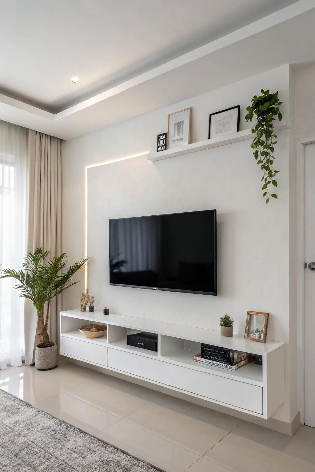 An entertainment wall designed with minimalism showcases beauty and simplicity.