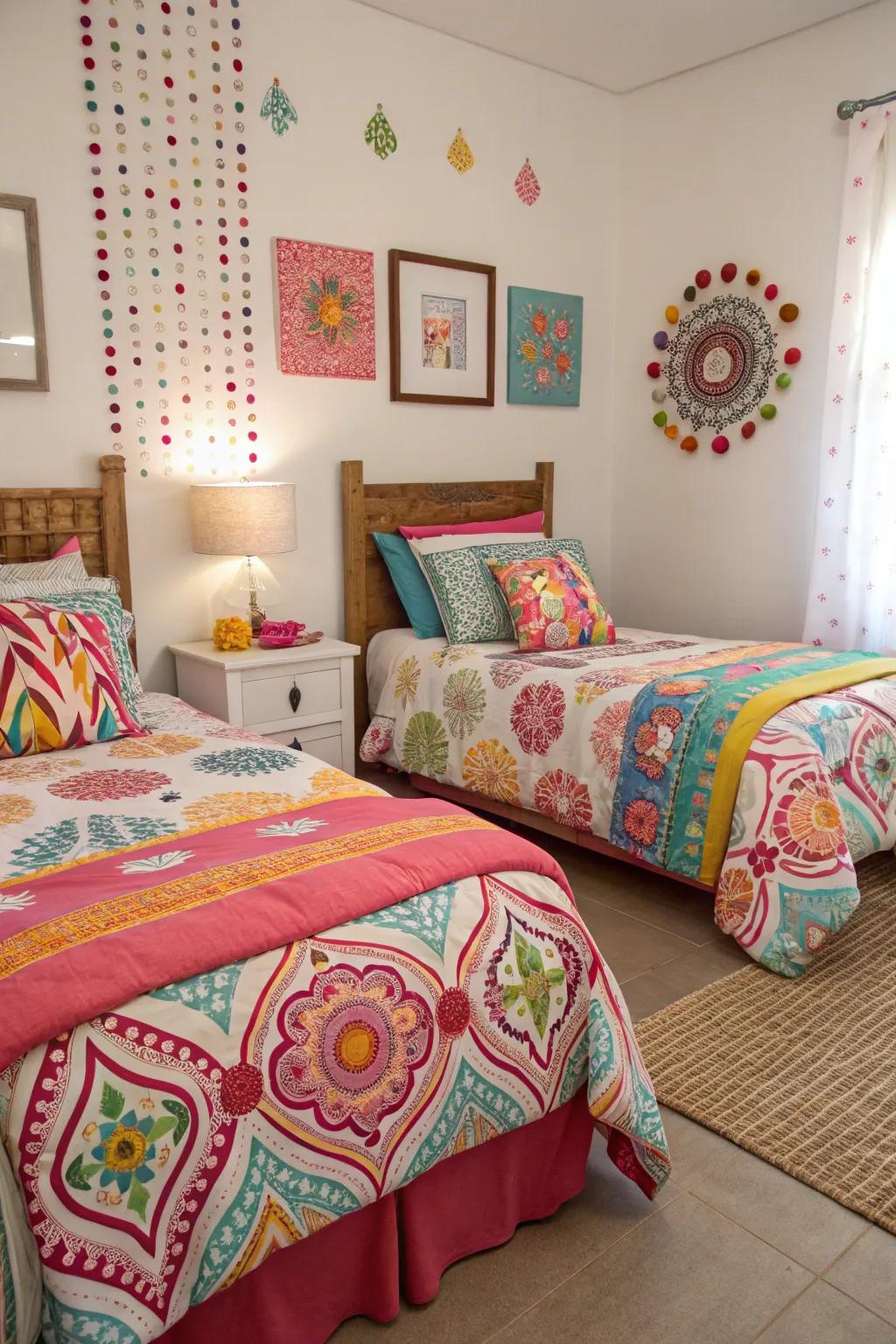 Strong and vibrant bedding adds character into the twin room.