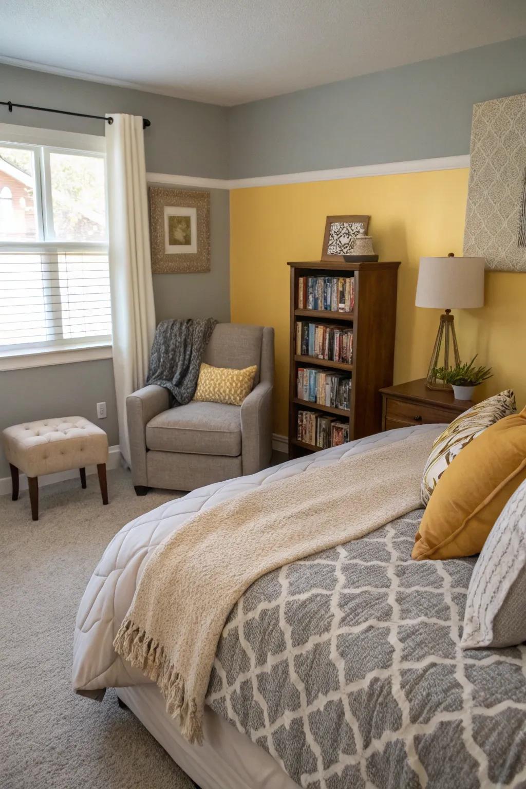 A bedroom styled with subtle gray and soft gold walls, providing a peaceful and welcoming atmosphere.
