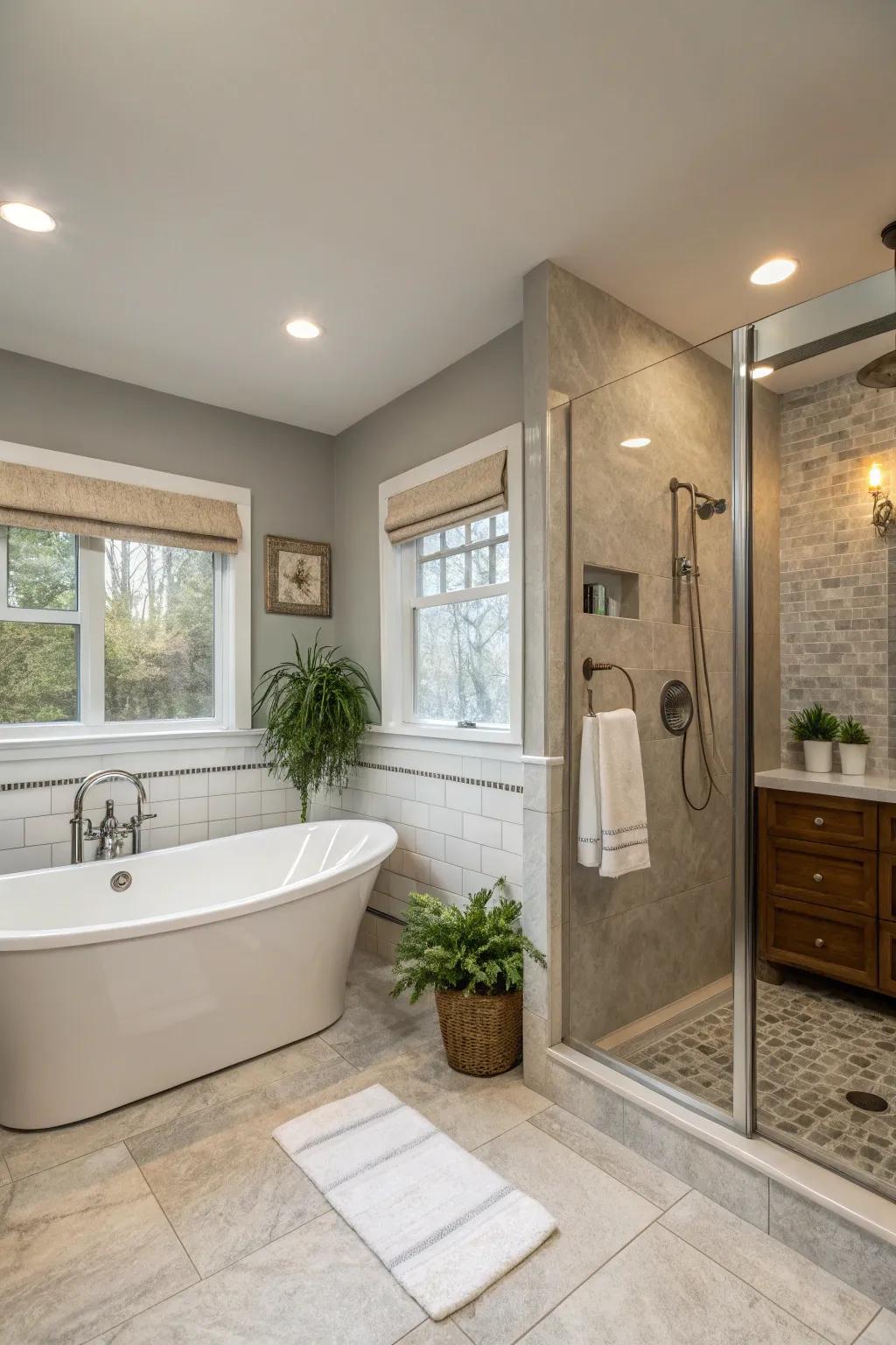 A serene bathroom showcasing a subtle gray and ivory two-tone wall layout.
