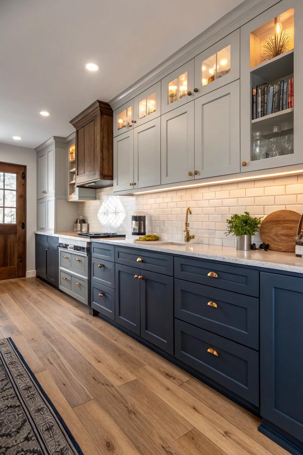 Enhance your kitchen with a deep sea and dove gray color scheme.
