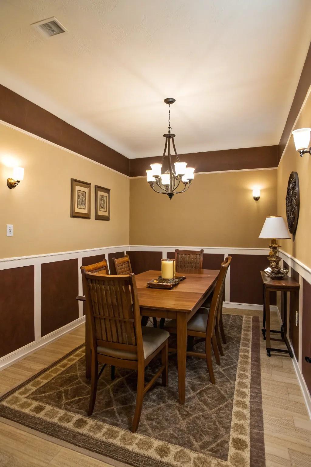 The dining space is graced with cream and truffle shades divided horizontally, creating an inviting setting.