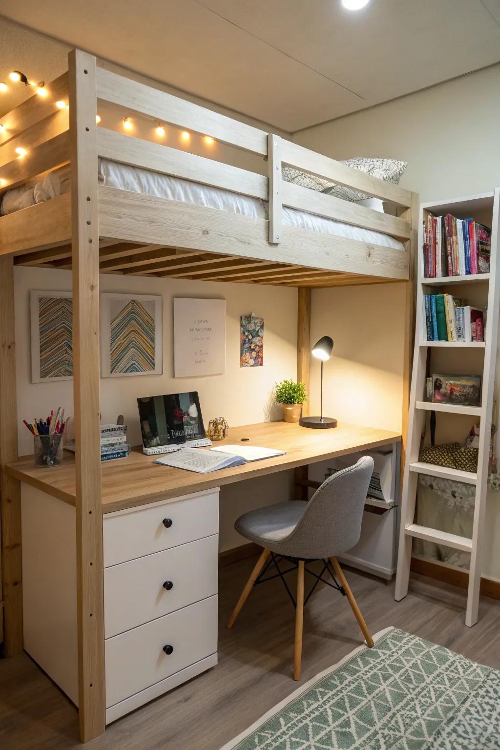 Construct a compact study spot under the bunk bed.