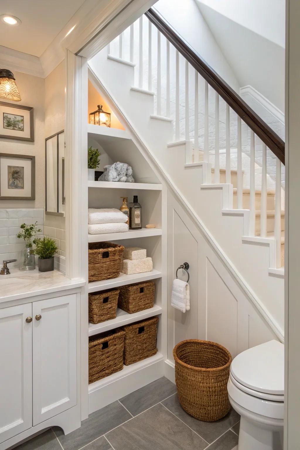 A restroom under the staircase showcasing installed shelving units and concealed alcoves for effective storage.