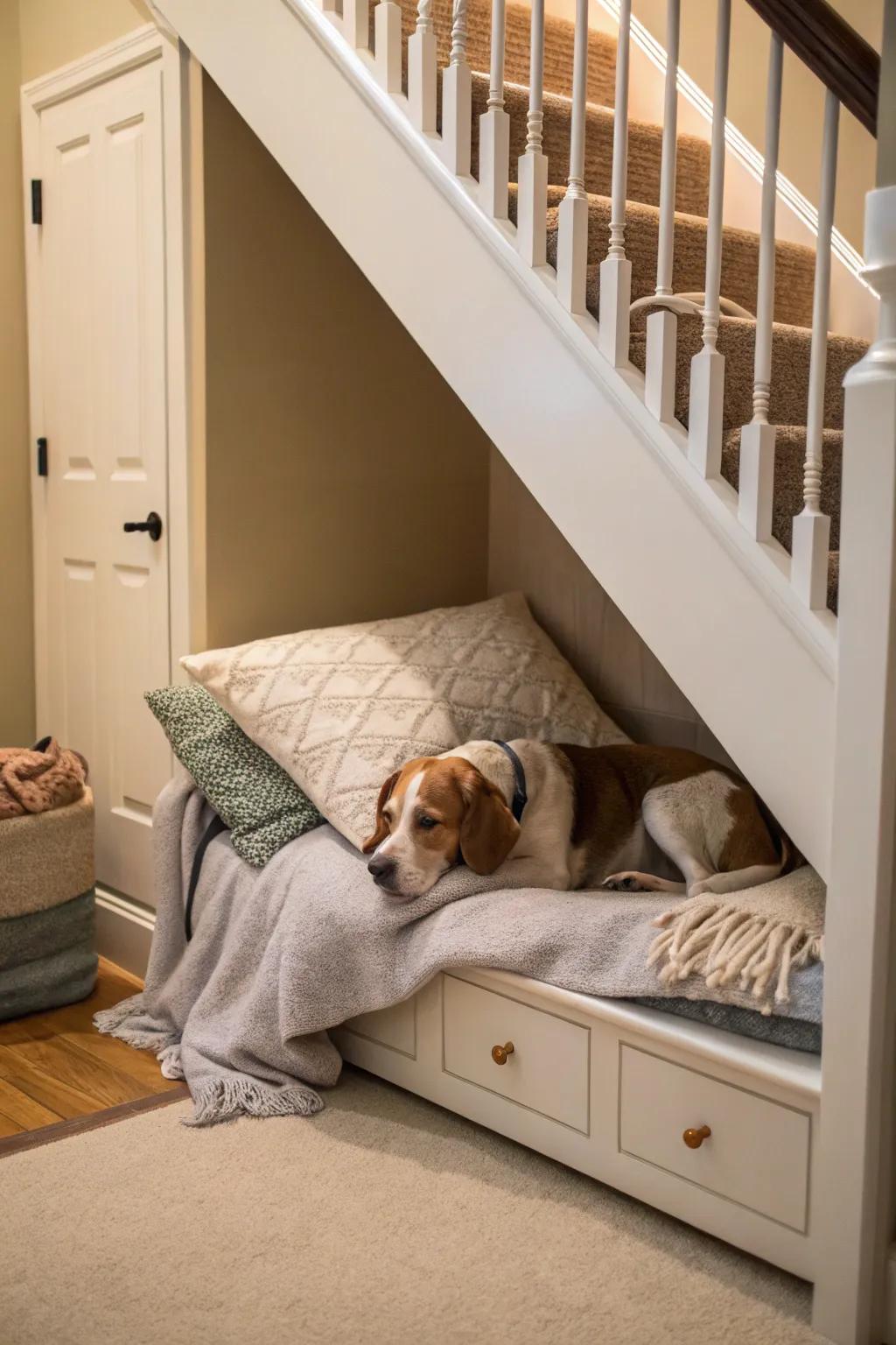 A comfortable bed transforms the under-stair space into a home-like haven for your pet.