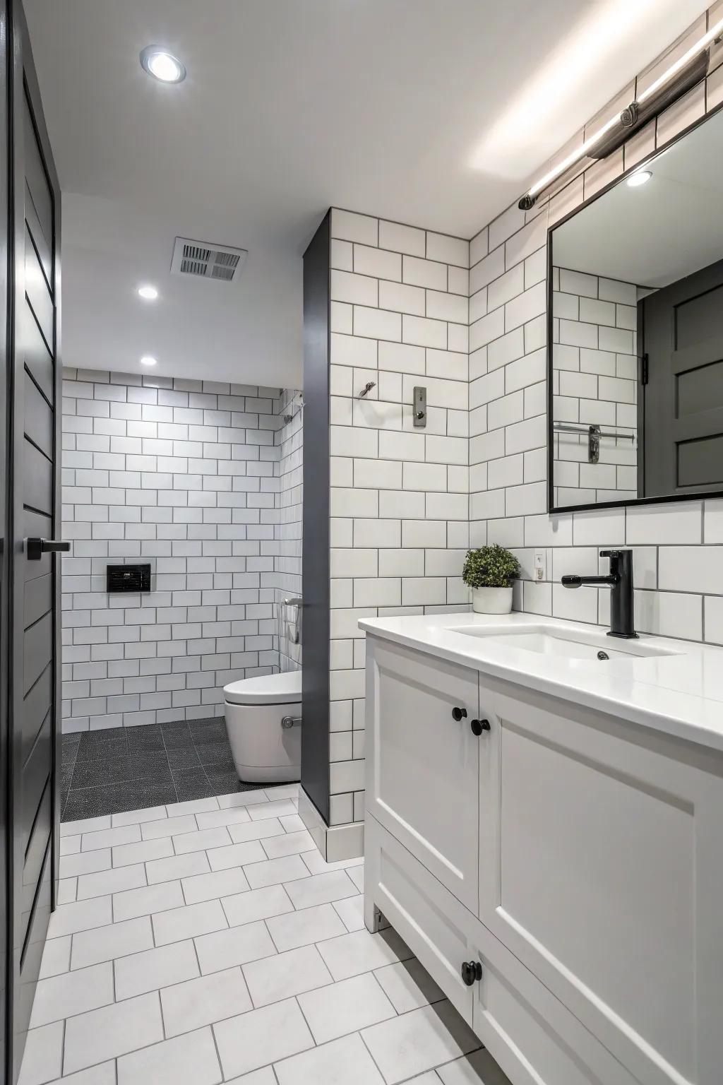 A peaceful, monochrome palette expands the space.