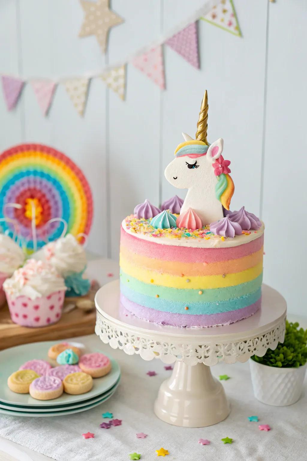An arresting self-made unicorn confection adorned with spectrum-hued glaze.