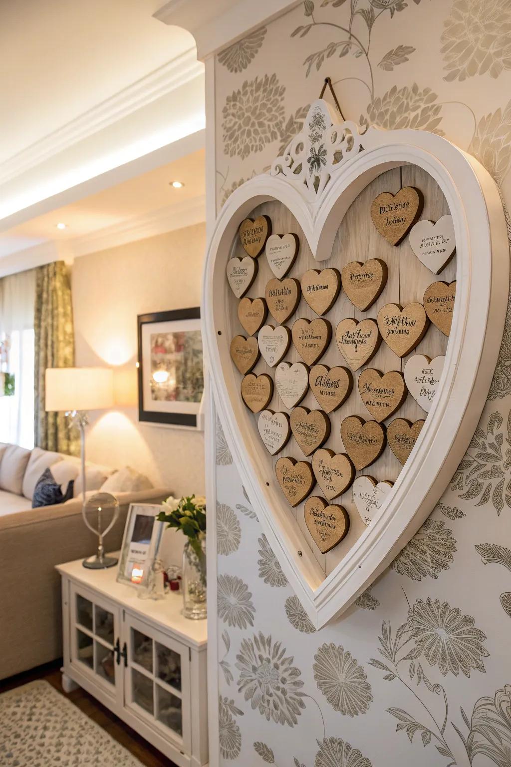 Guests autograph wooden hearts, forming a striking wall display.