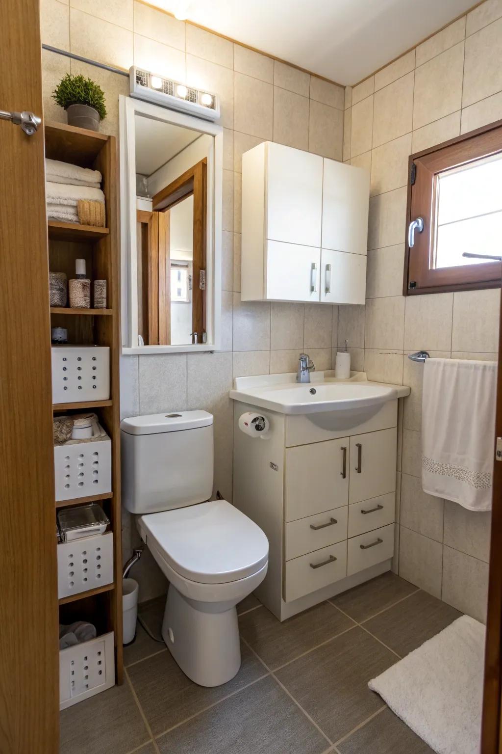 A calculated layout renders a restroom both practical and inviting.
