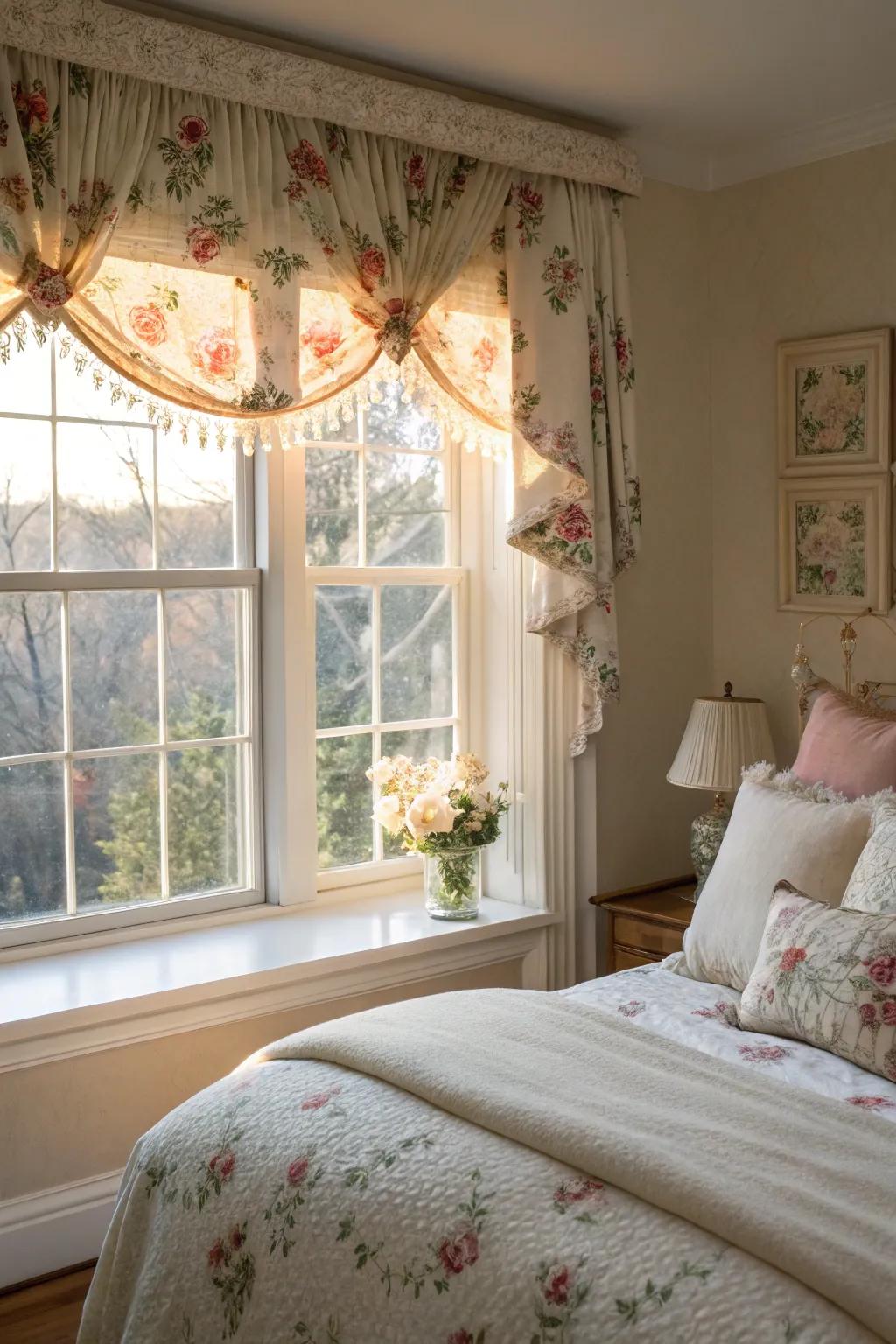 A window displaying a retro-inspired bloom topper in a comfortable boudoir.
