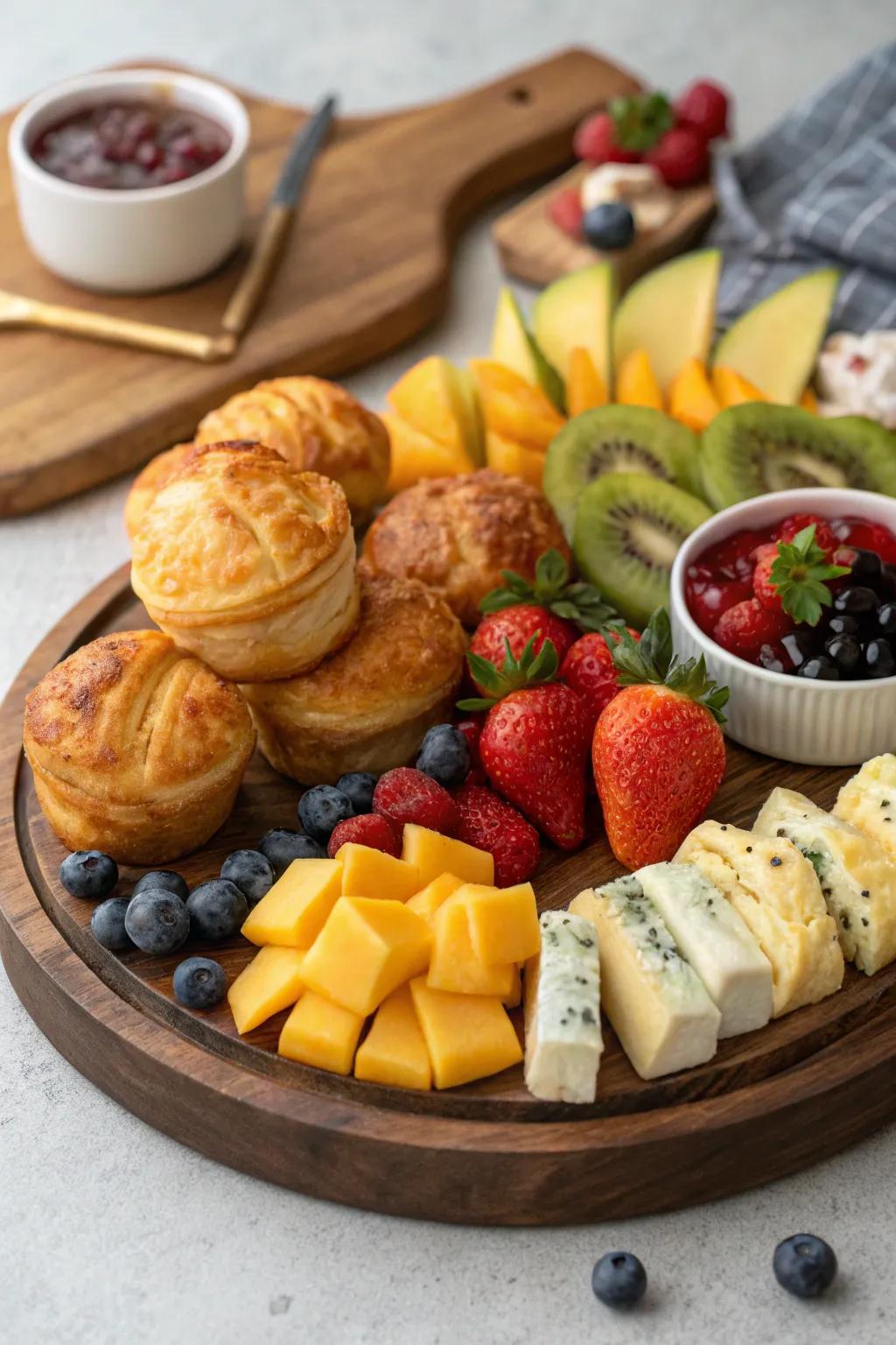 A vibrant breakfast board filled with an array of sweet and savory delights.