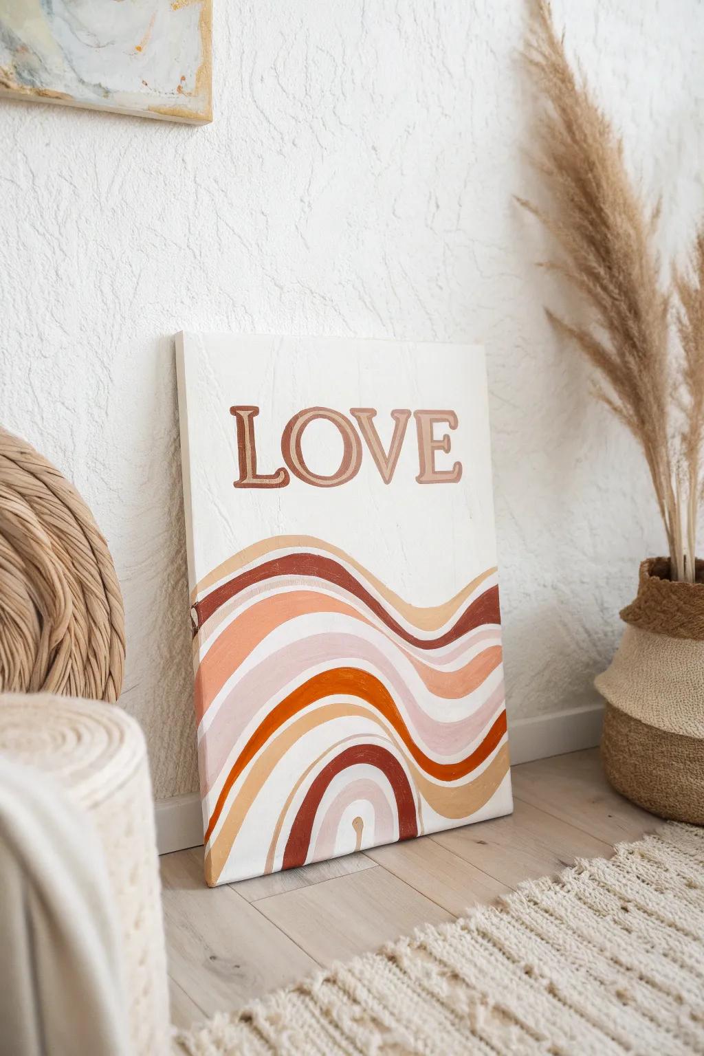 Celebrate the strength of simple language with this handmade 'LOVE' typographic canvas, ideal for a simple, bohemian home.