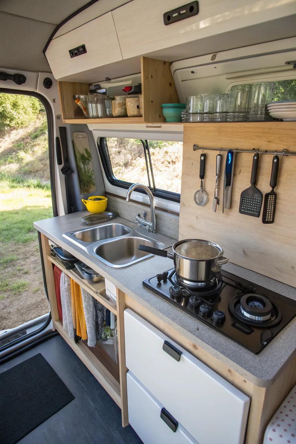 A meticulously arranged compact kitchen, epitomizing the essence of van living.