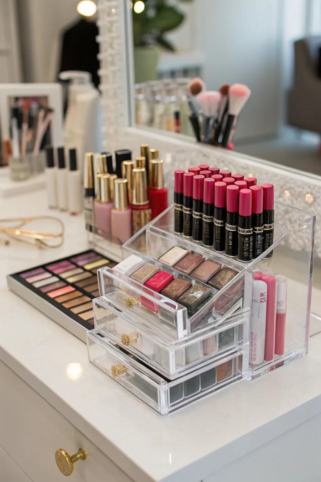 See-through organizers maintain a stylish and orderly vanity.