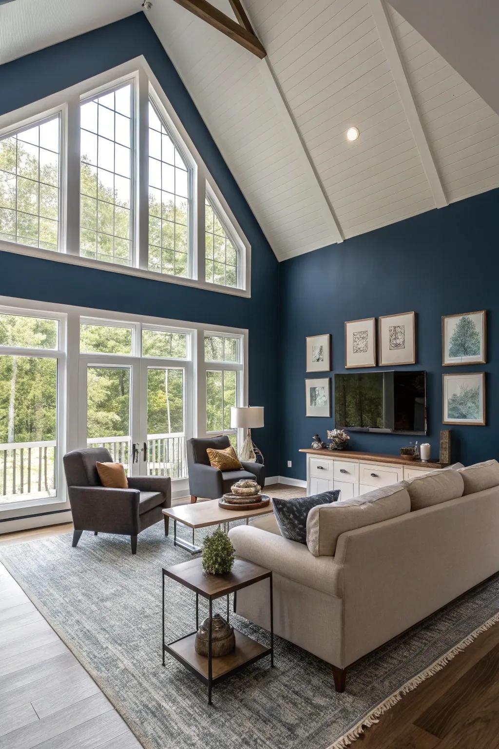 Modern living room showcasing a dark blue accent wall and vaulted ceiling